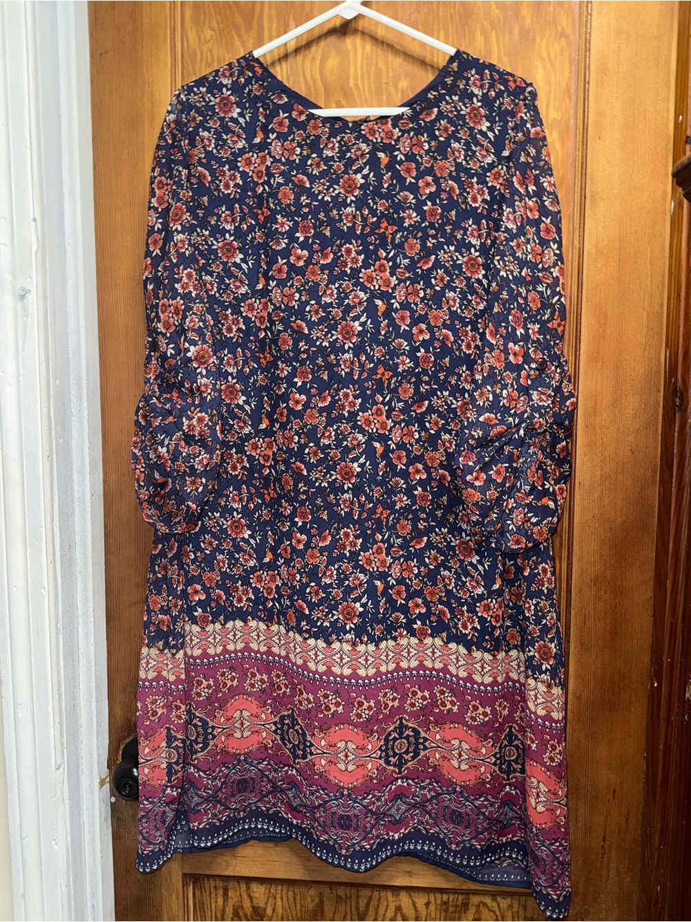 Speechless Navy Floral Layered Long-Sleeve Border-Print Dress 3X Sheer